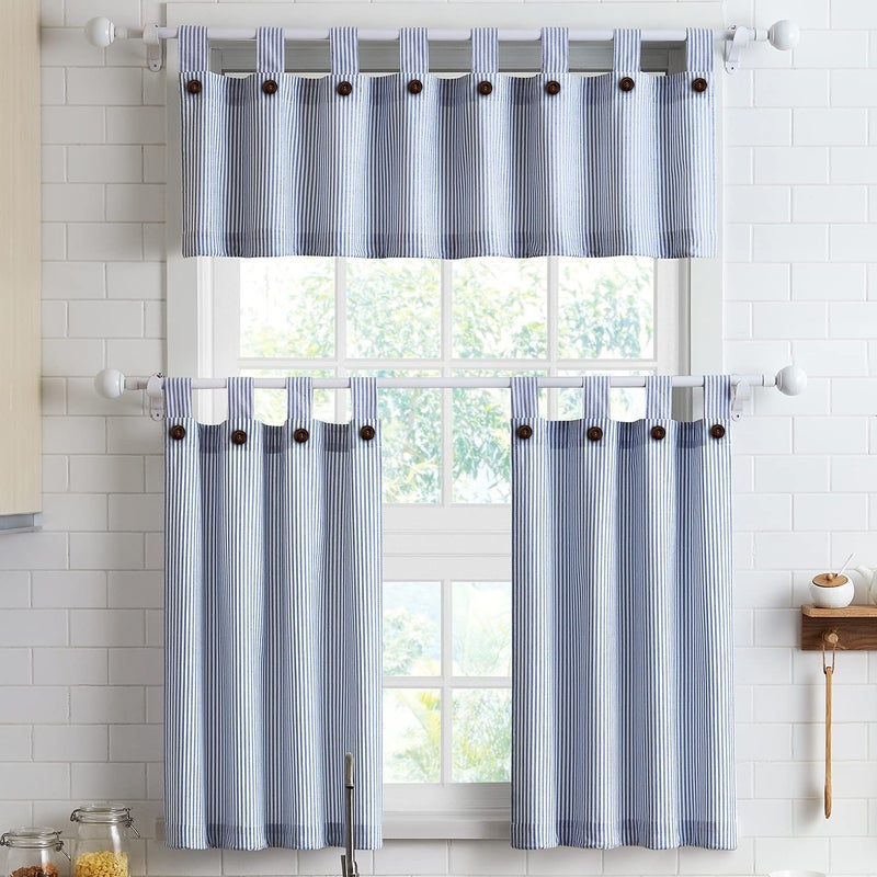 July Joy Short Curtains 36 Inches Long for Kitchen Window Tab Top of 3 Pieces Cafe Curtains for Smart Half Window 56" x 36", Navy - Image 1